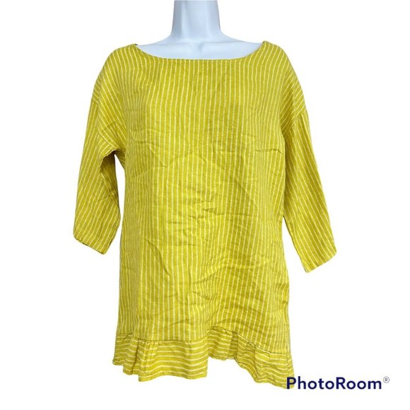 Lungo L'Arno Tops - NWT Italian Linen Top Tunic Small Yellow Stripes Lagenlook Boho Resort Vacation